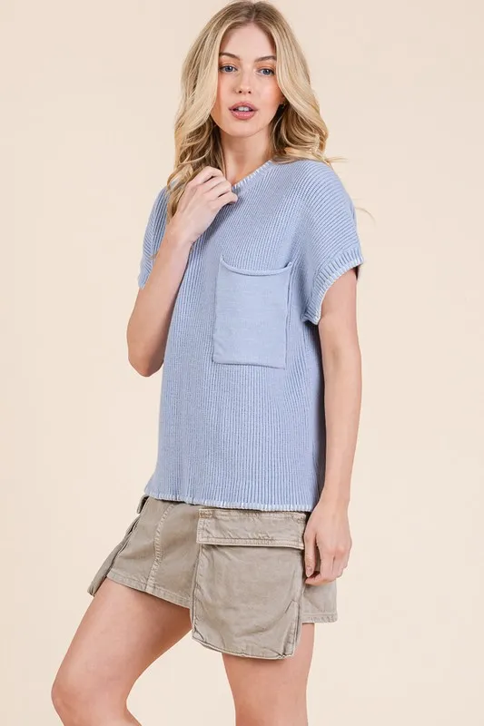Solid Cap Sleeve Stitch Edge Knit Sweater, image 5