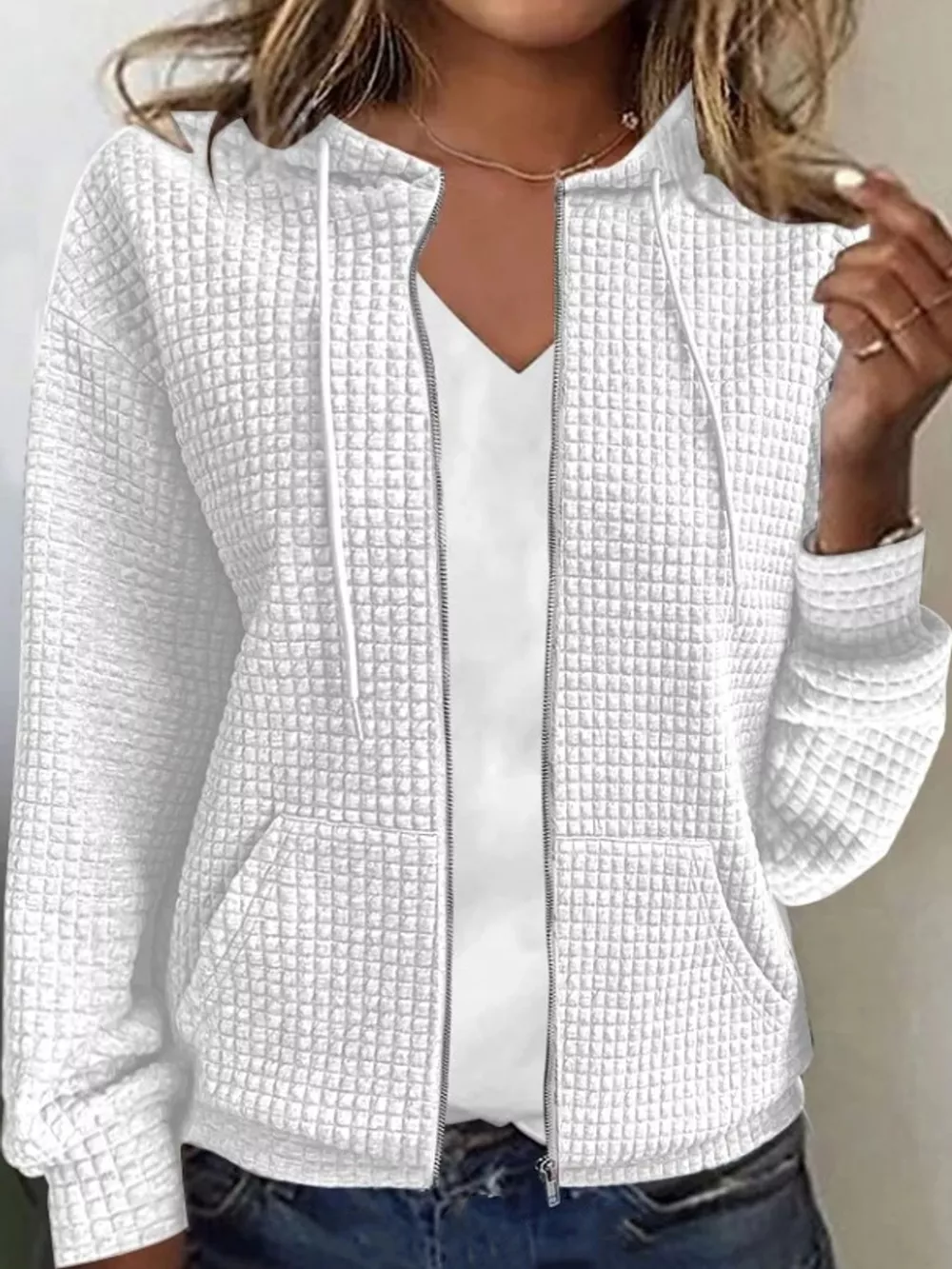 Waffle Knit Zip-Up Hoodie with Drawstring and Pockets, image 6