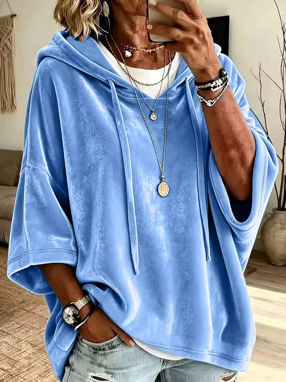 Full Size Velvet Short Sleeve Hoodie Plus Size