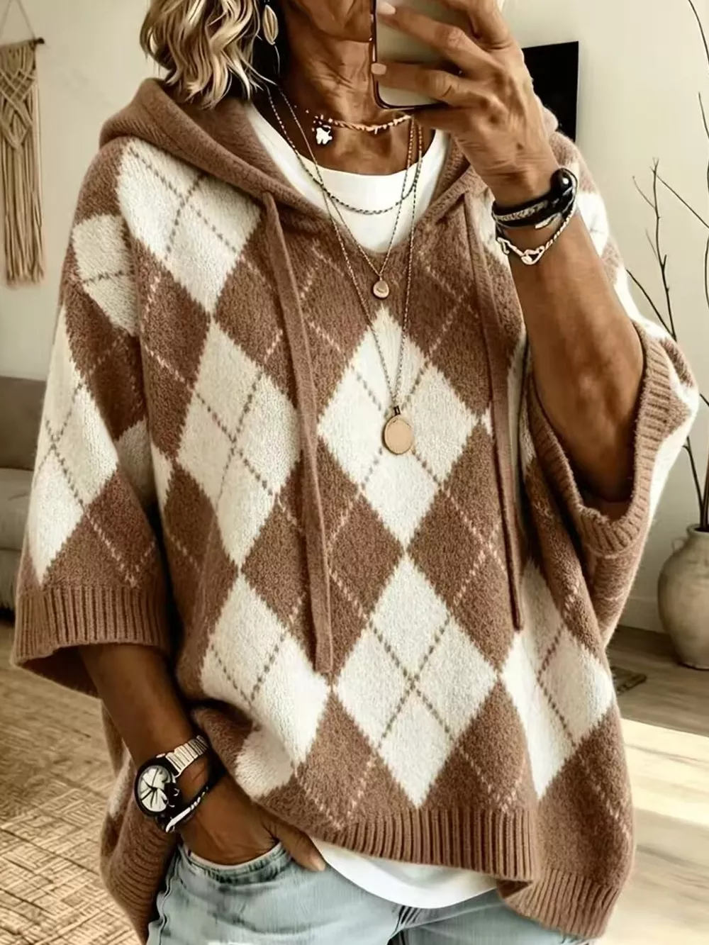 Full Size Argyle Pattern Hooded Sweater Plus Size, image 6