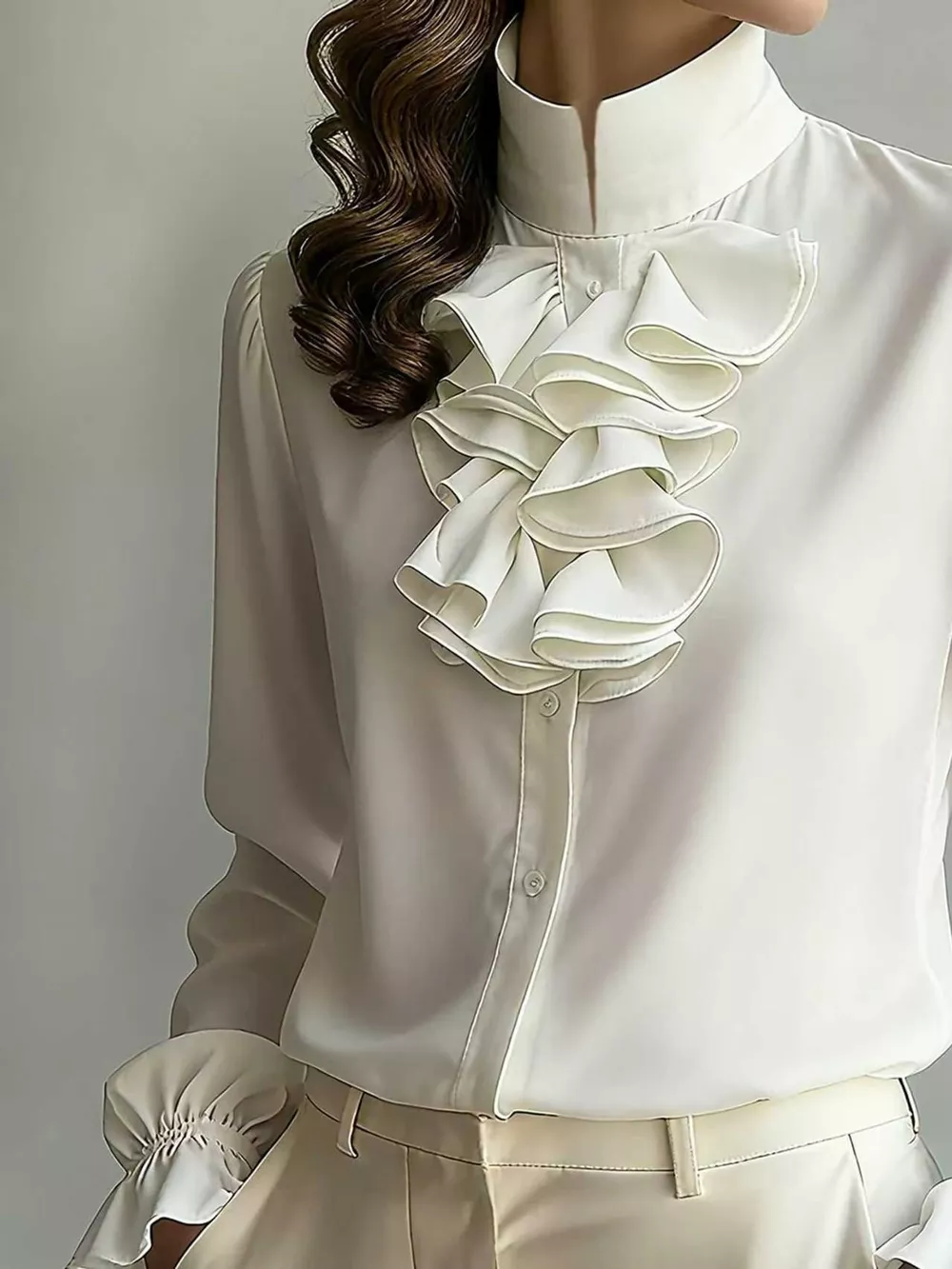 Ruffled Stand-Collar Blouse with Long Lantern Sleeves, image 3