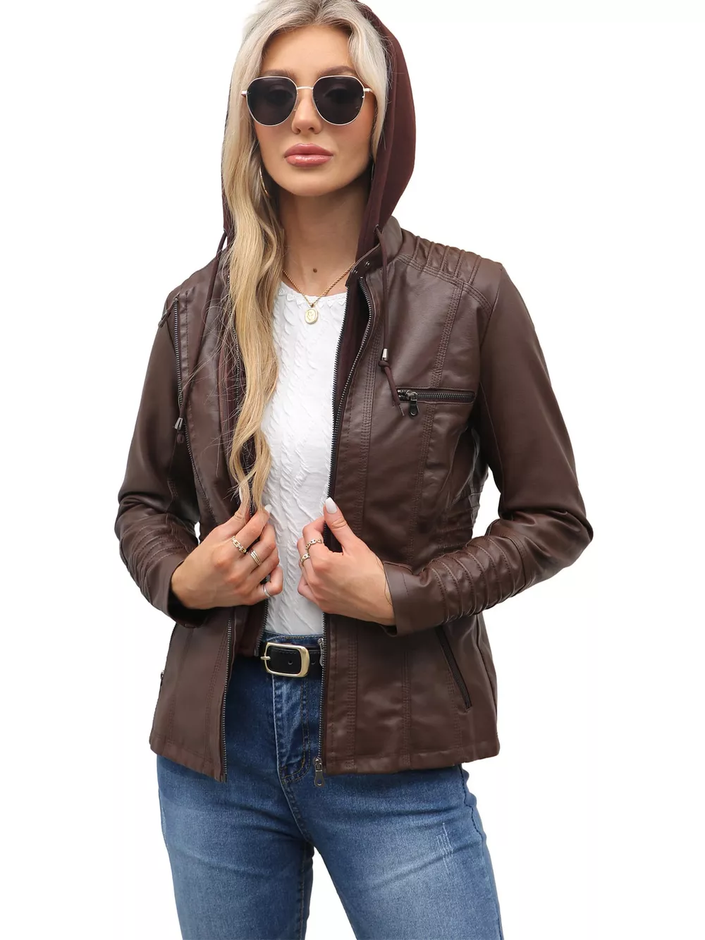 Full Size Detachable Hooded Faux Leather Moto Jacket Plus Size, image 8