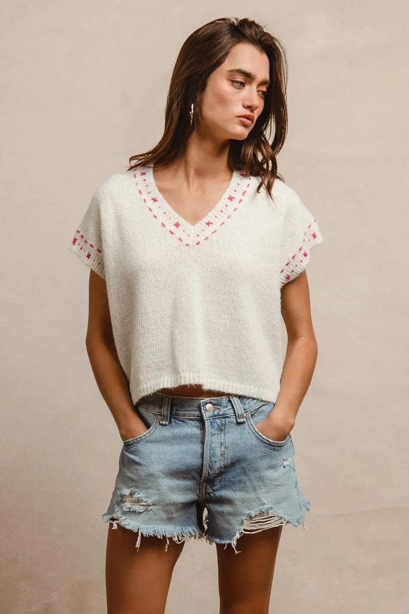 Knit Solid Contrast Stitch Detail Short Sleeves Sweater, image 4