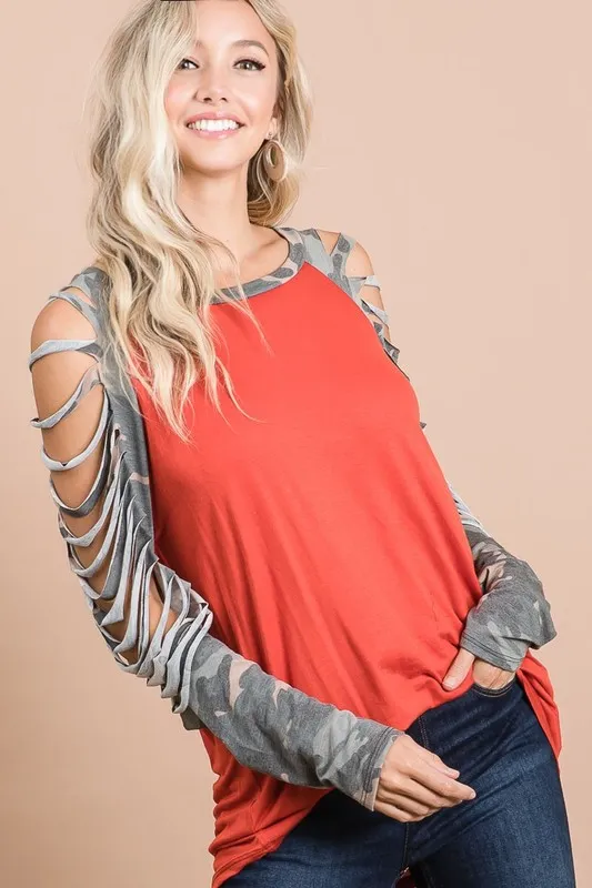 Jersey Knit Top with Camouflage Laser Cut Sleeves, image 8