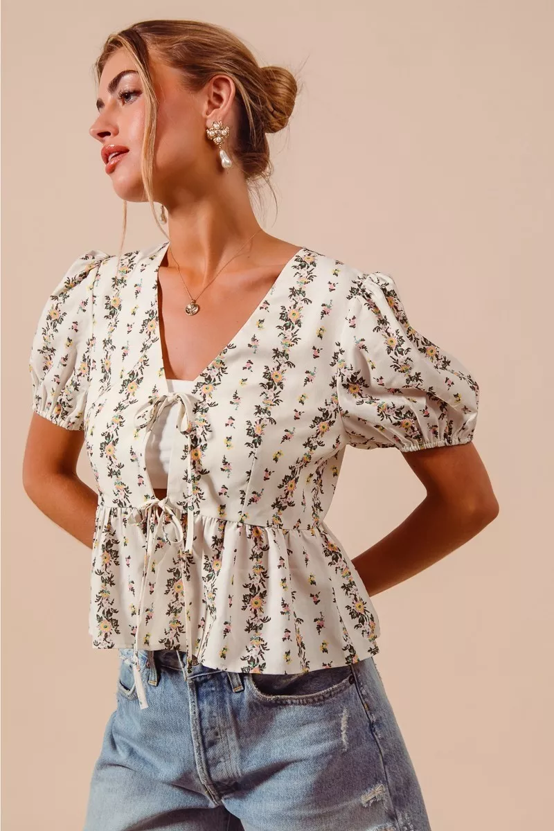 Floral Print Tie Front Shirred Hem Blouse, image 8