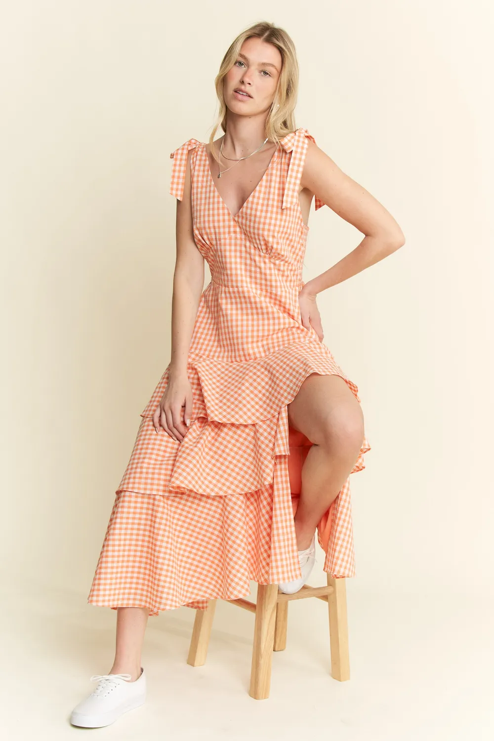 Sleeveless Gingham Print Tiered Midi Dress, image 10