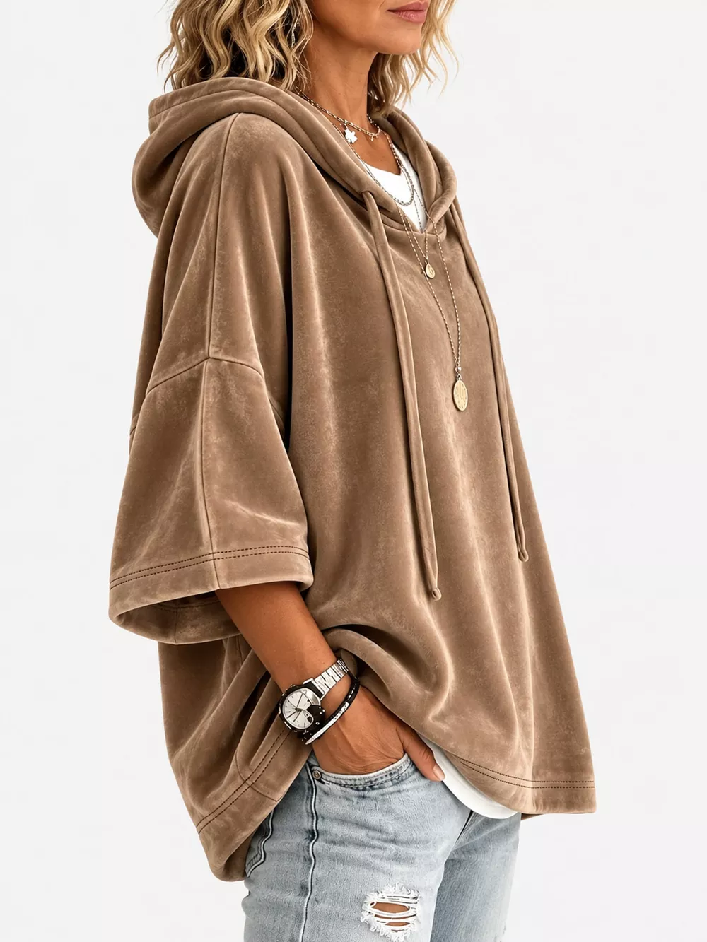 Full Size Velvet Short Sleeve Hoodie Plus Size, image 24