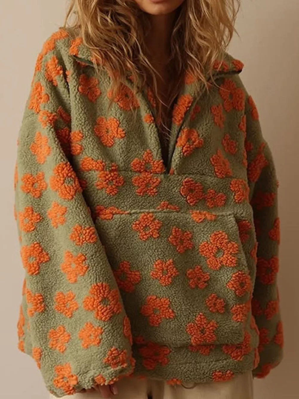 Floral Quarter-Zip Sherpa Sweatshirt, image 4