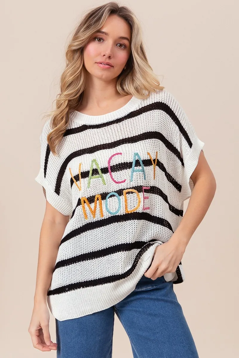 Vacay Mode Lettering Drop Shoulder Striped Sweater