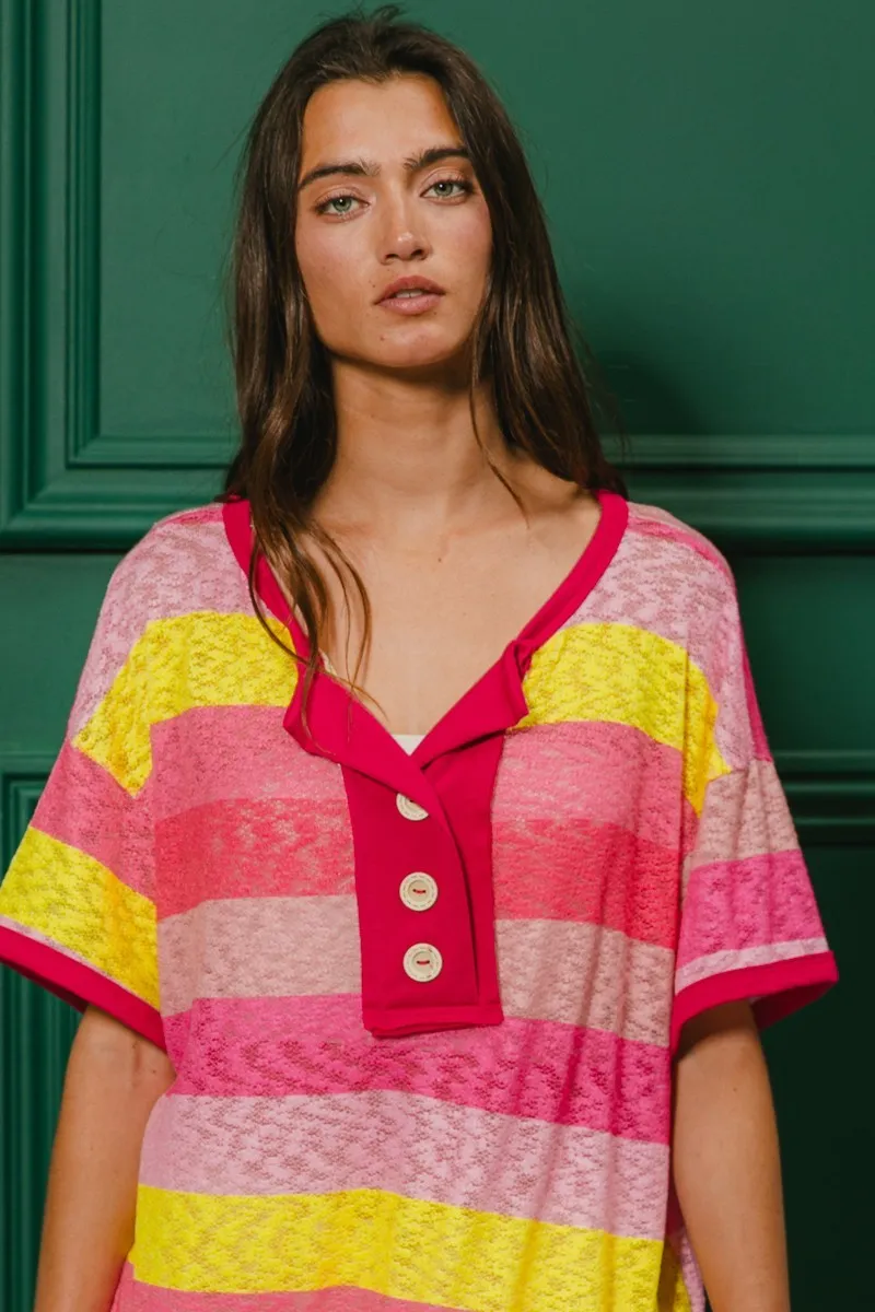 Multi Color Stripe Hacci Button Detail Ringer Top, image 6