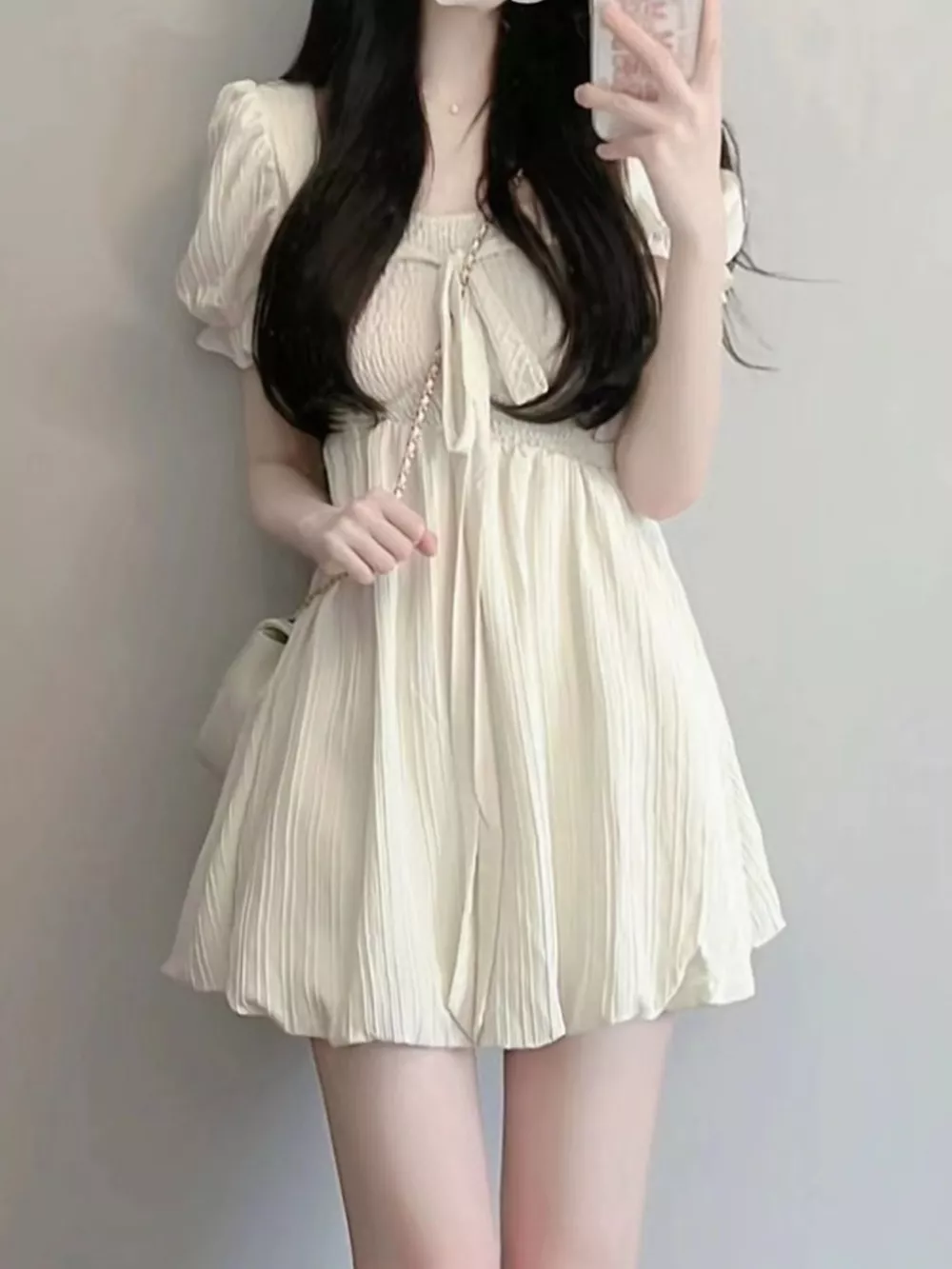 Puff-Sleeve Smocked Mini Dress with Tie-Front Detail, image 2