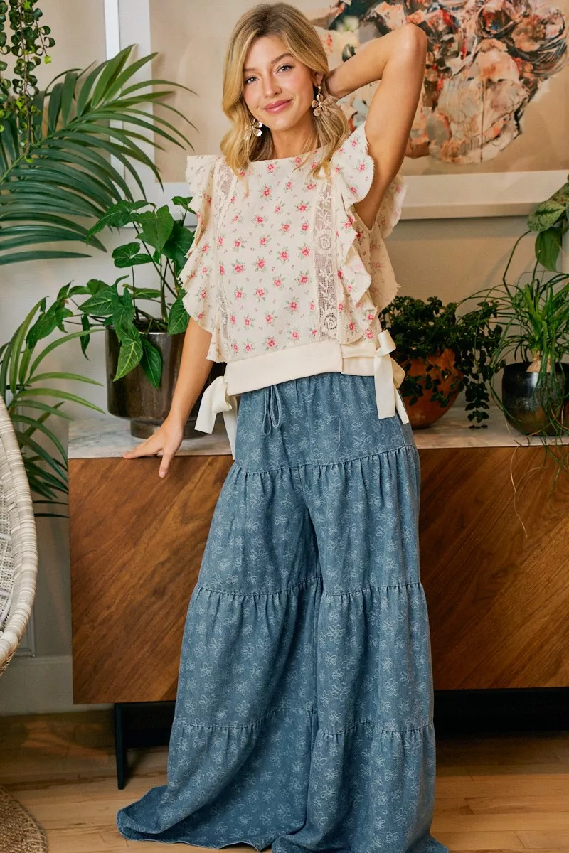 BiBi Flower Printed Ruffle Sleeve Trim Detail Top, image 31