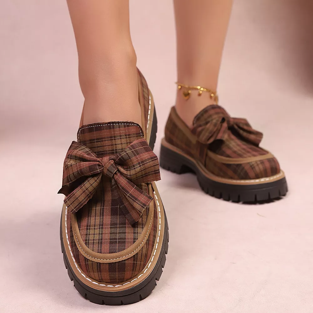 Plaid Bow Decor Chunky Loafers, image 3