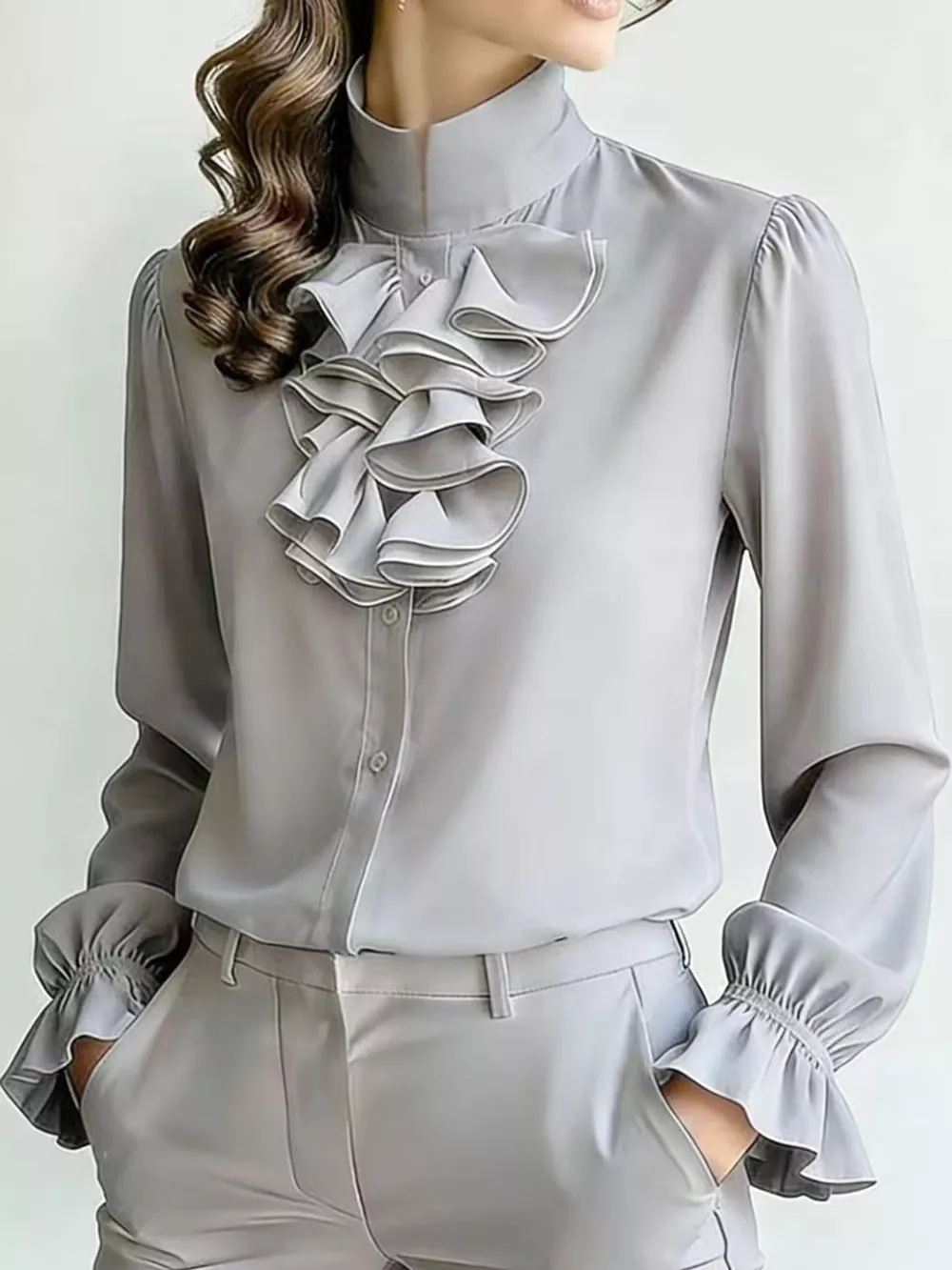 Ruffled Stand-Collar Blouse with Long Lantern Sleeves, image 5