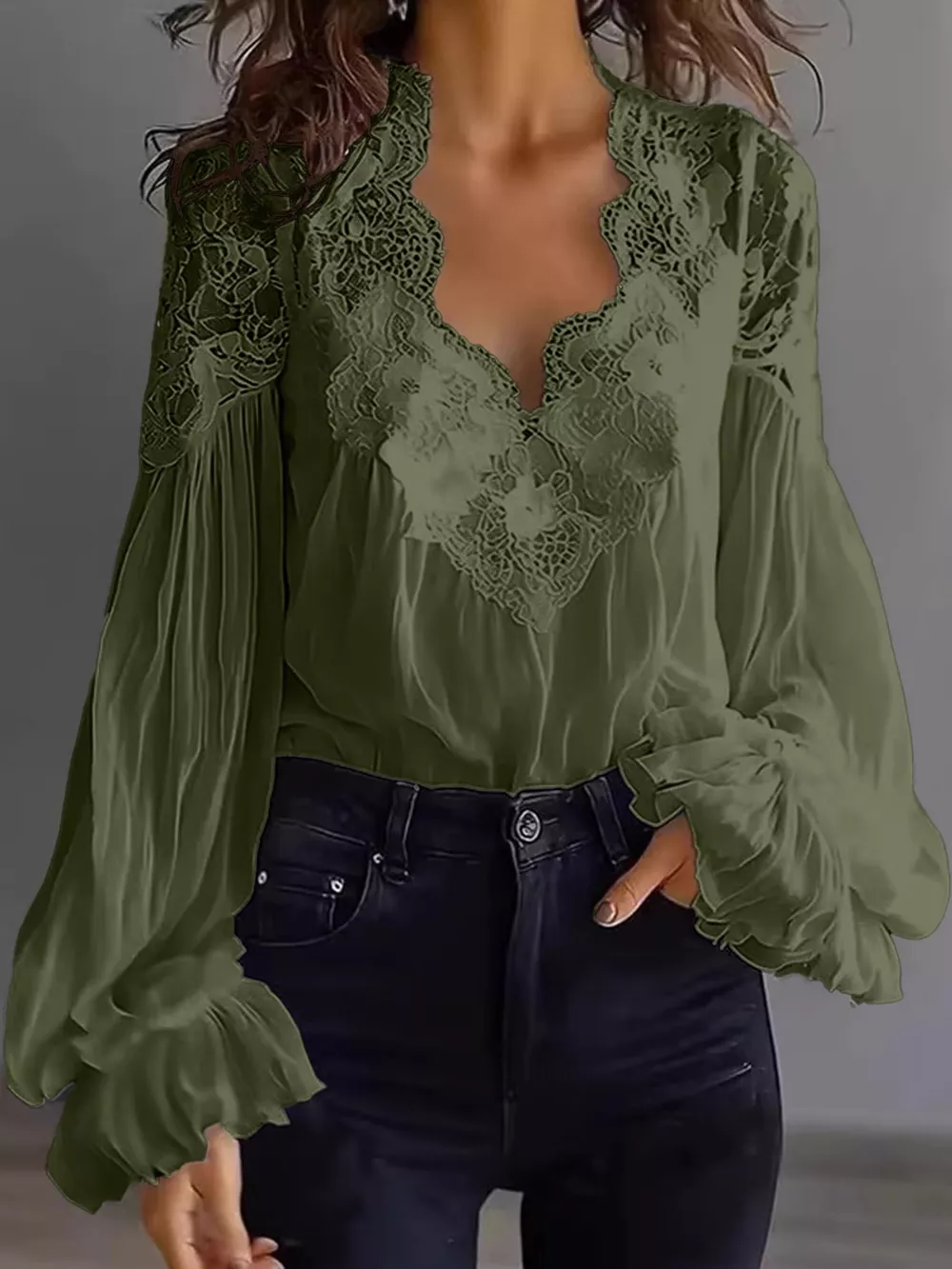 Full Size Lace V-Neck Flounce Sleeve Blouse Plus Size, image 10