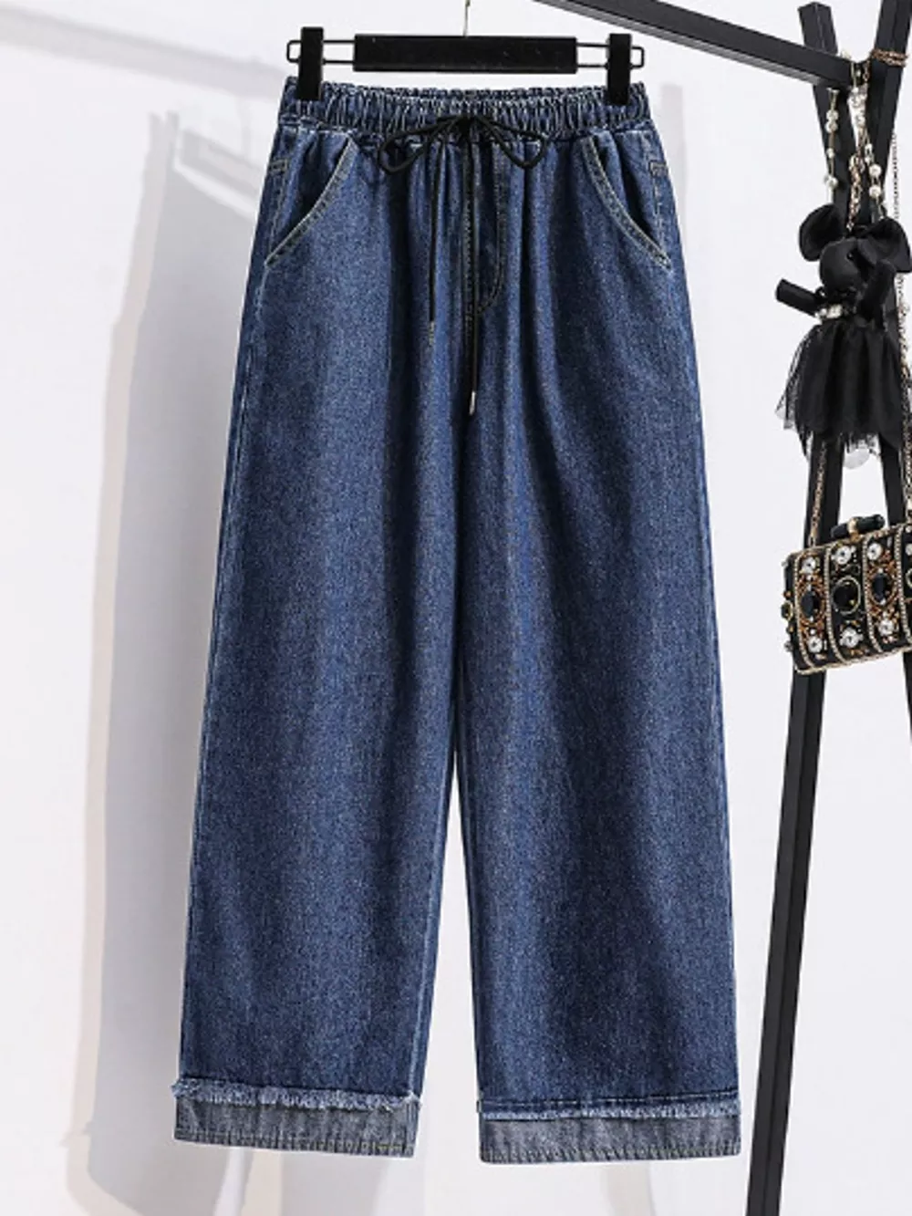 Full Size High-Waisted Elastic Drawstring Wide-Leg Jeans with Frayed Hem Plus Size, image 9
