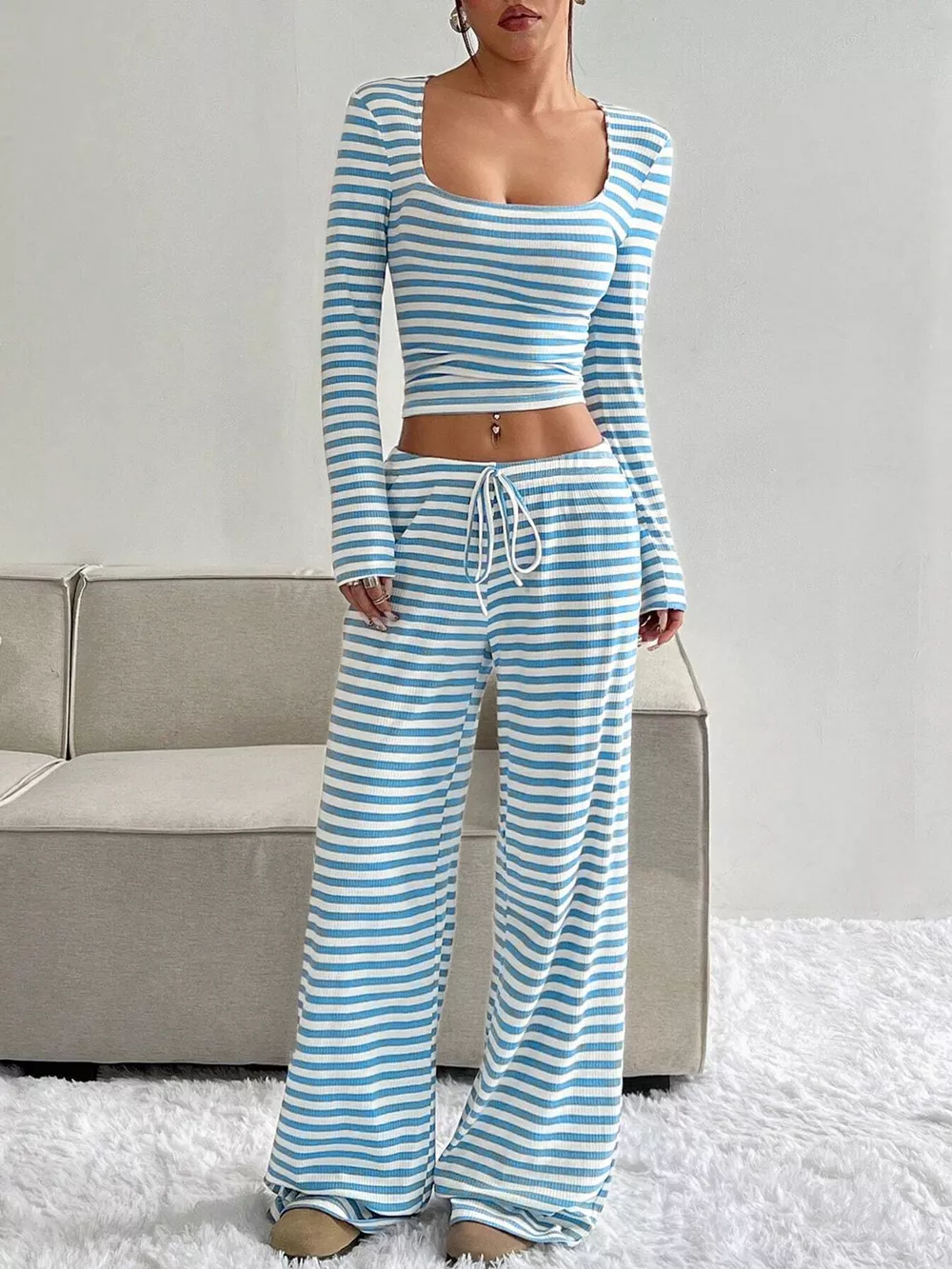 Striped Long Sleeve Crop Top & Wide Leg Pants Set