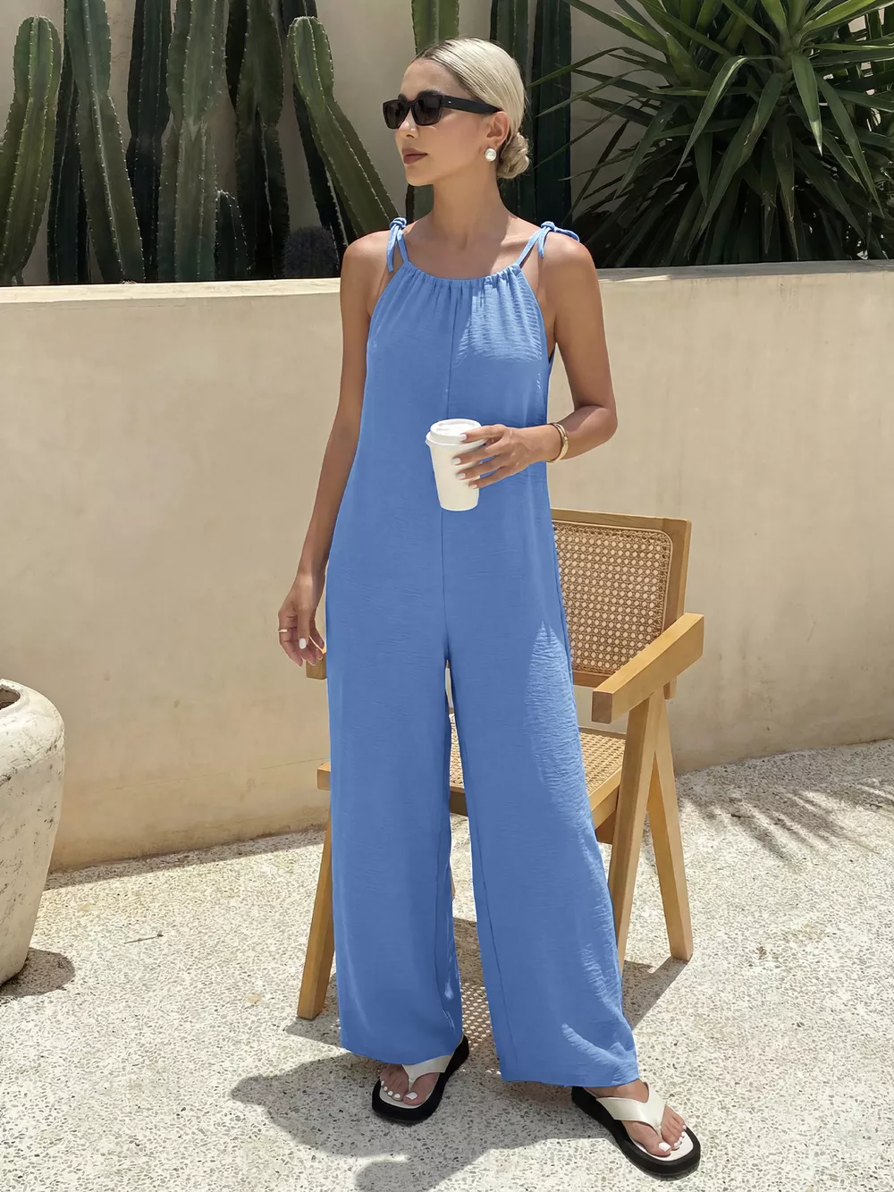 Tie Strap Wide Leg Casual Jumpsuit, image 5