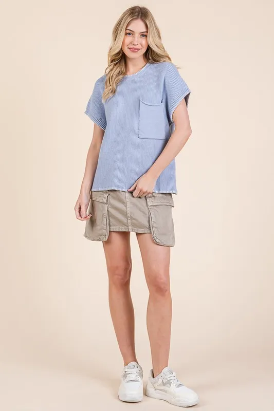 Solid Cap Sleeve Stitch Edge Knit Sweater, image 10