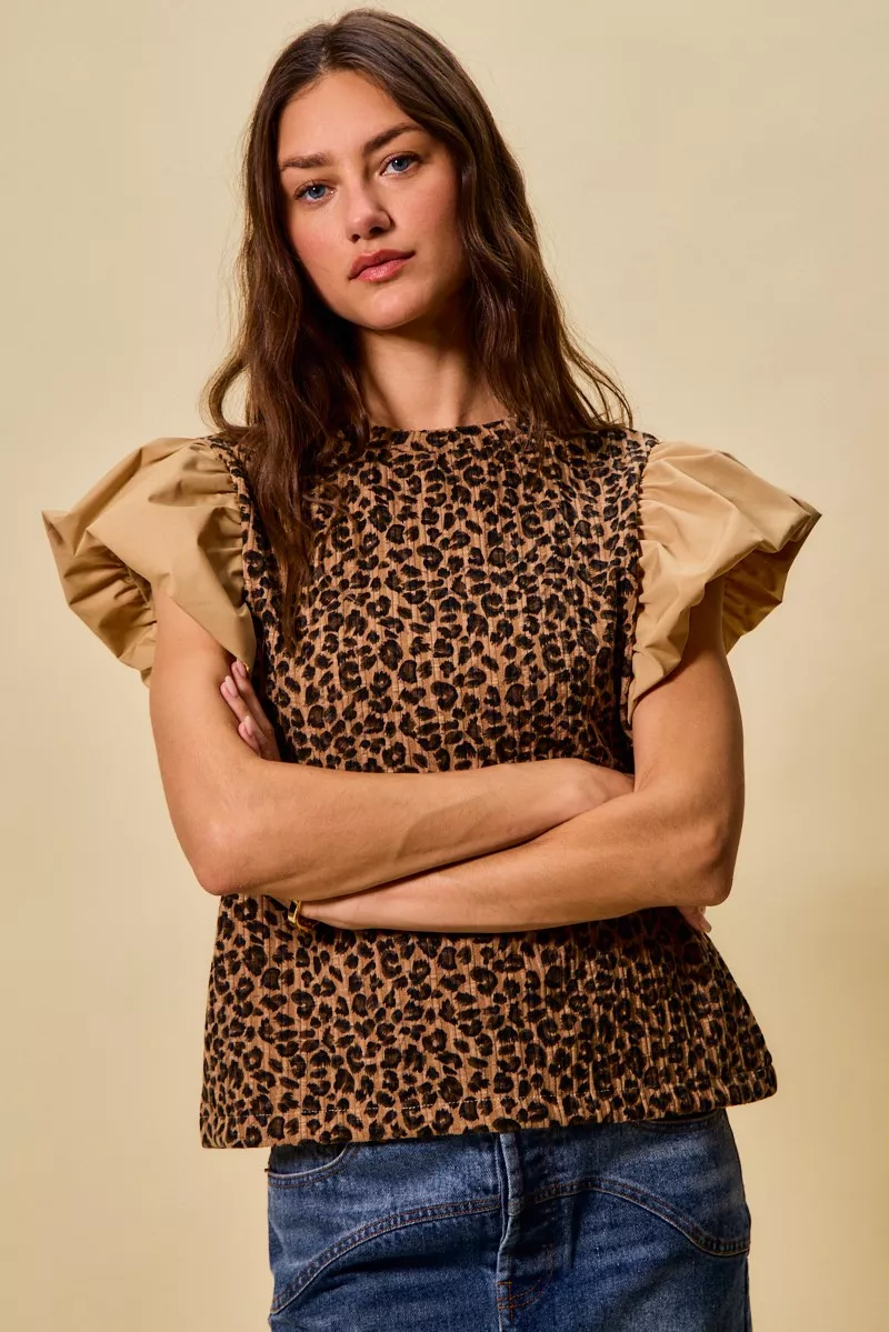 Leopard Pointelle Knit Top with Puff Sleeves, image 9