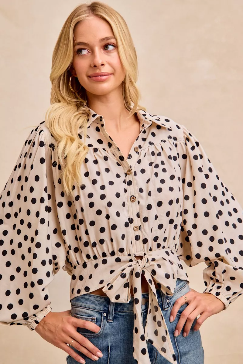 Polka Dot Print Tie Hem Detail Crop Shirt, image 10