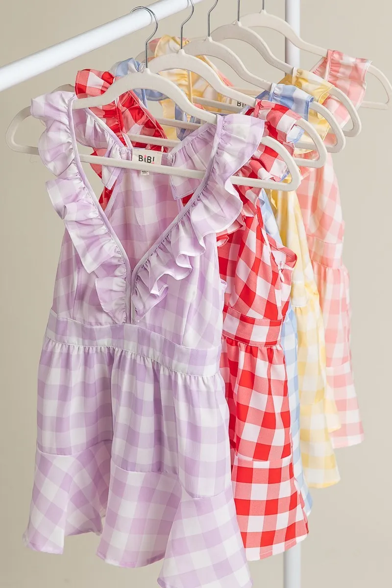 Ruffled Neckline Sleeveless Check Plaid Peplum Top, image 6