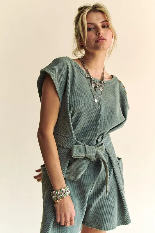 Acid-Washed Waffle Knit Cuffed Sleeves Romper, image 2