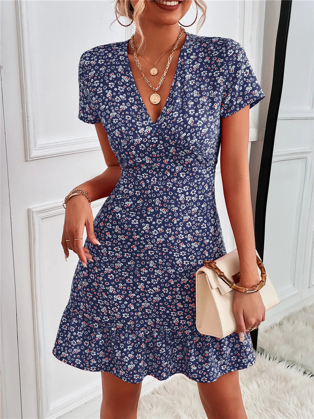 Printed Ruffled Hem V-Neck Short Sleeve Mini Dress, image 29