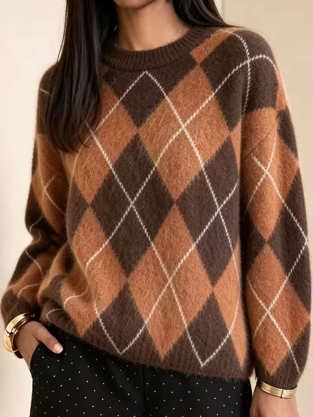Argyle Pattern Fuzzy Knit Sweater, image 3