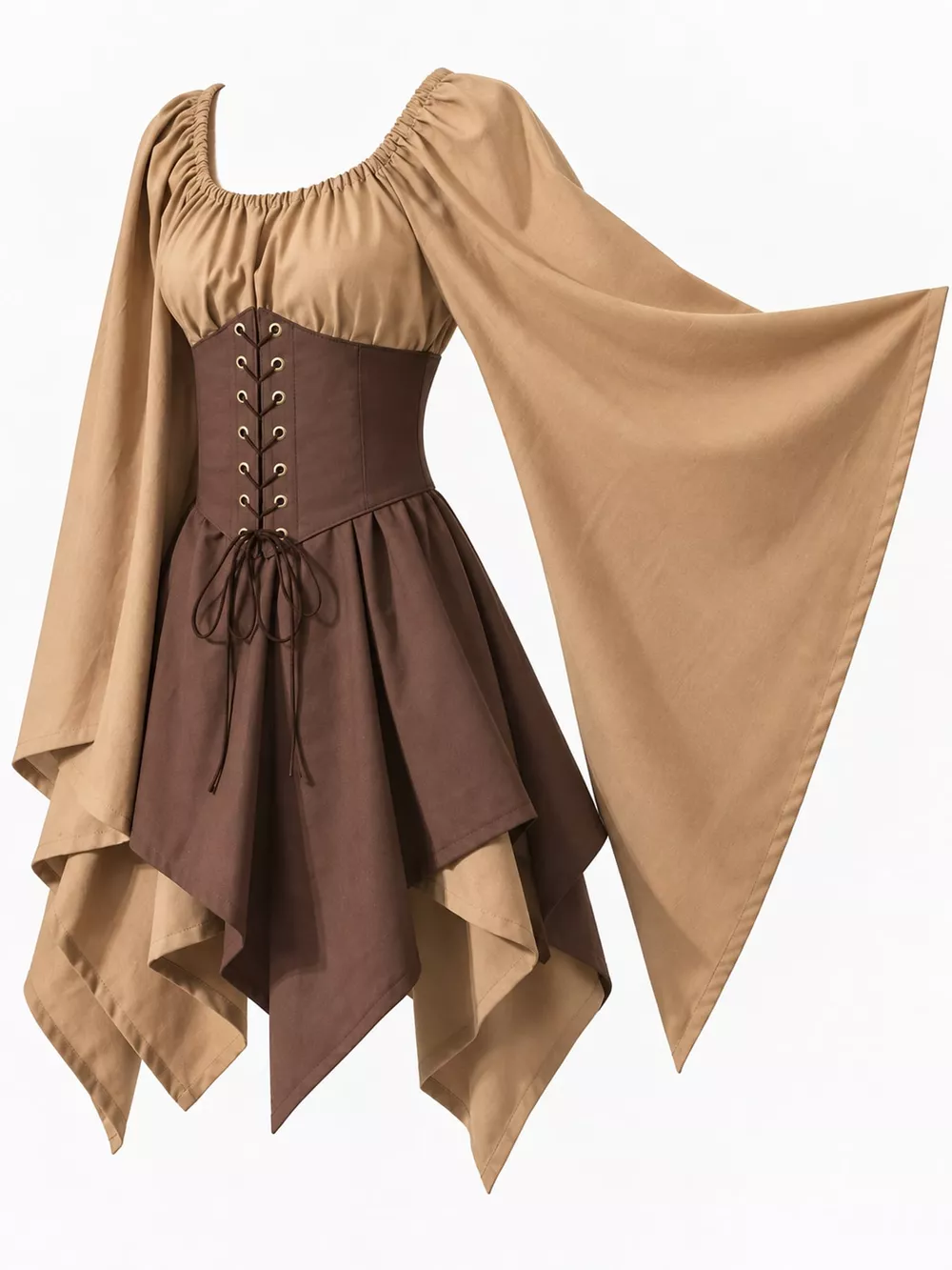 Full Size Lace-Up Flare Sleeve Irregular Hem Dress Plus Size, image 10
