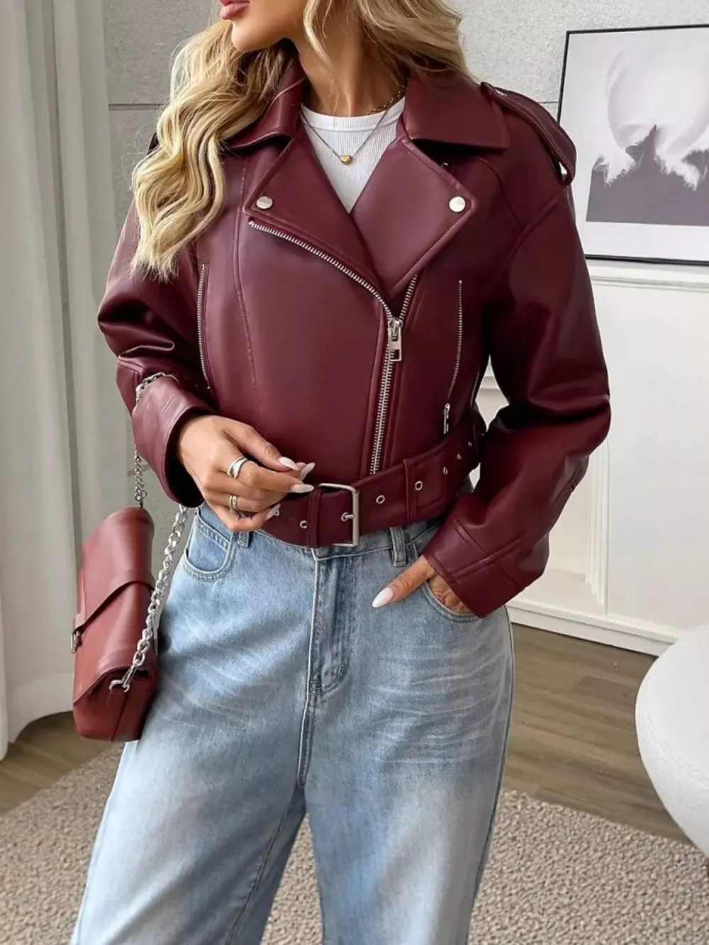 Full Size Faux Leather Zip Up Jacket Plus Size, image 4
