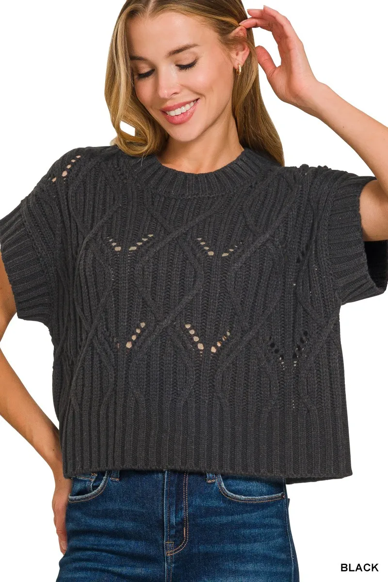 Cable Knit Short Sleeve Sweater, image 3