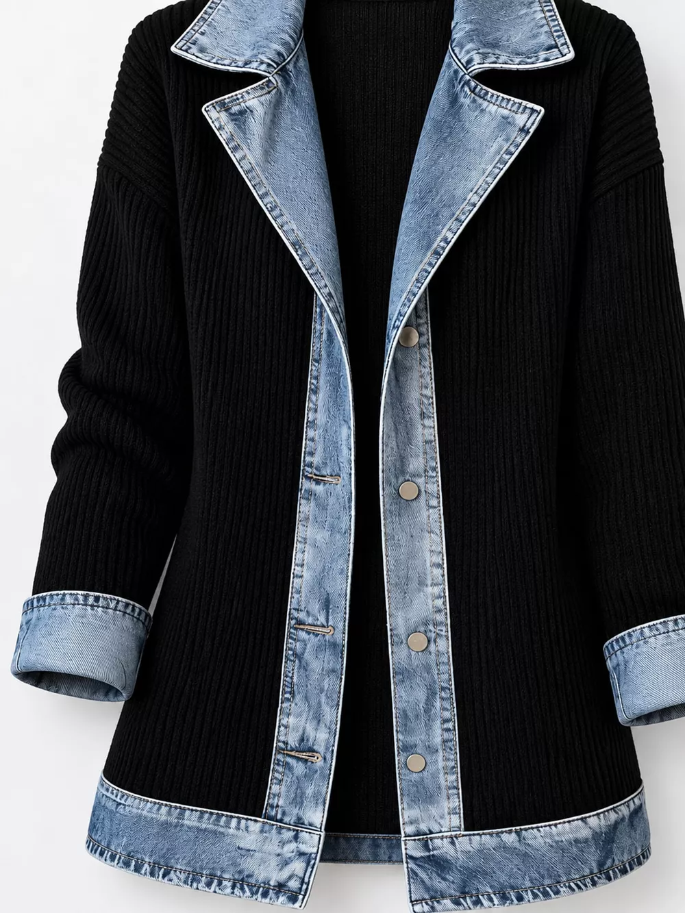 Full Size Denim Trim Ribbed Knit Cardigan Plus Size, image 5