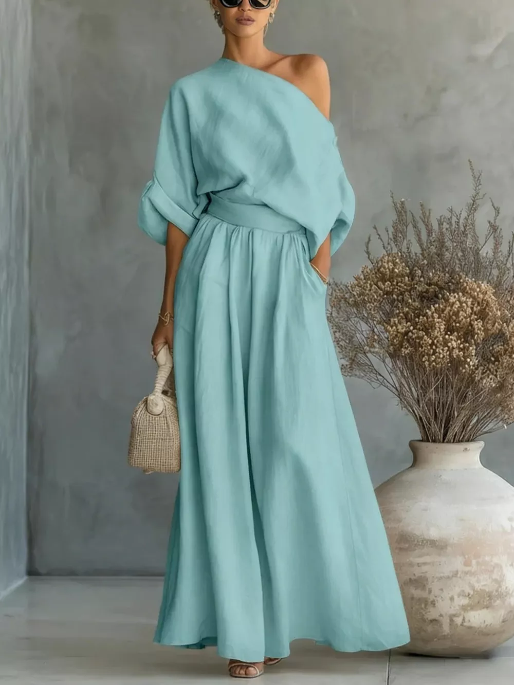 Full Size One Shoulder Top and Wide Leg Pants Set Plus Size, image 15