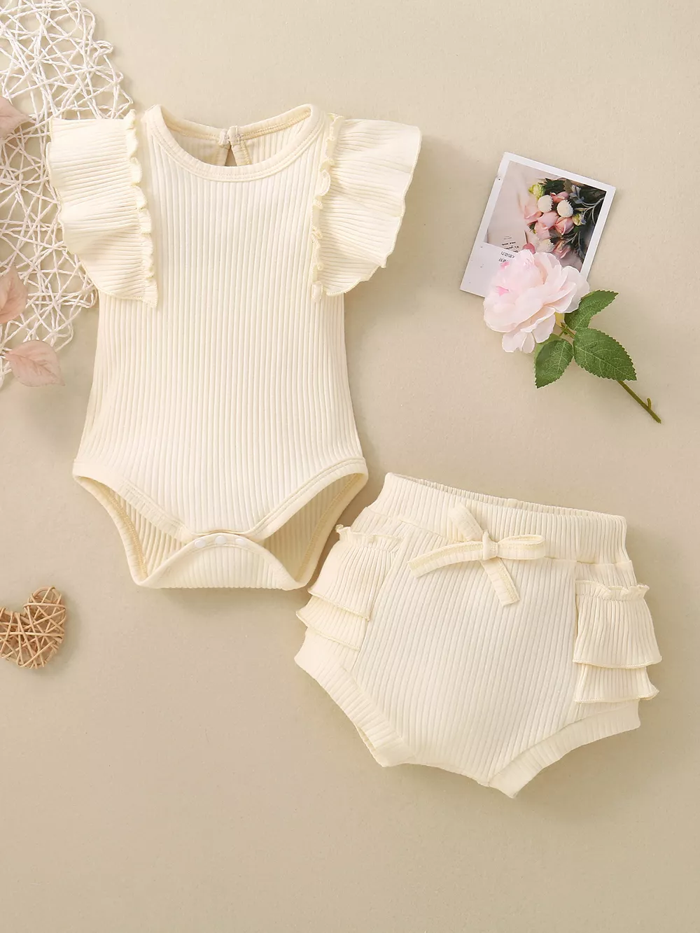 Children's Ribbed Ruffle Trim Bodysuit & Shorts Set, image 7