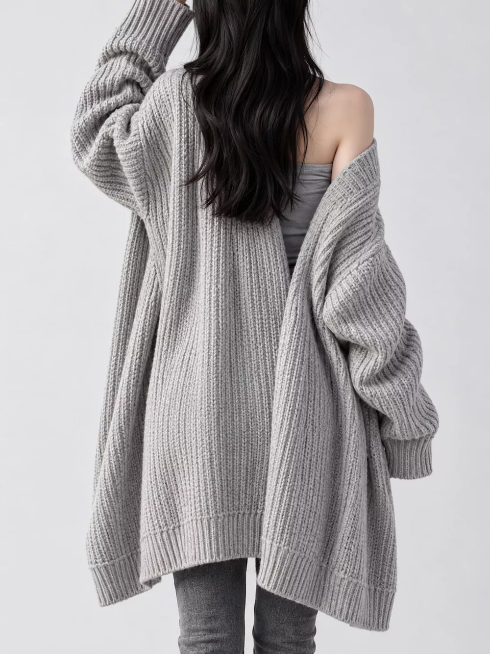 Full Size Chunky Knit Openwork Front Longline Cardigan Plus Size, image 56