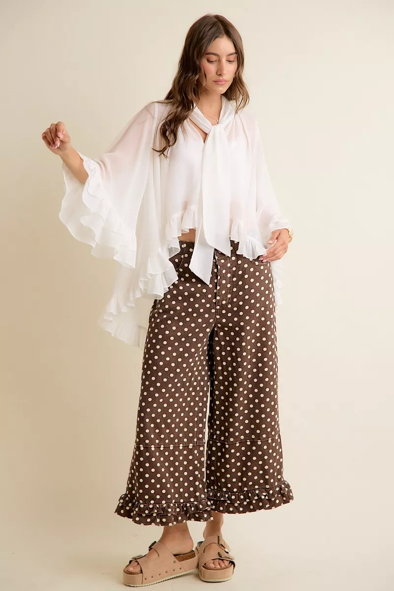 Sheer Ruffle Bell Sleeves Bow Tie Flowy Blouse Top, image 16