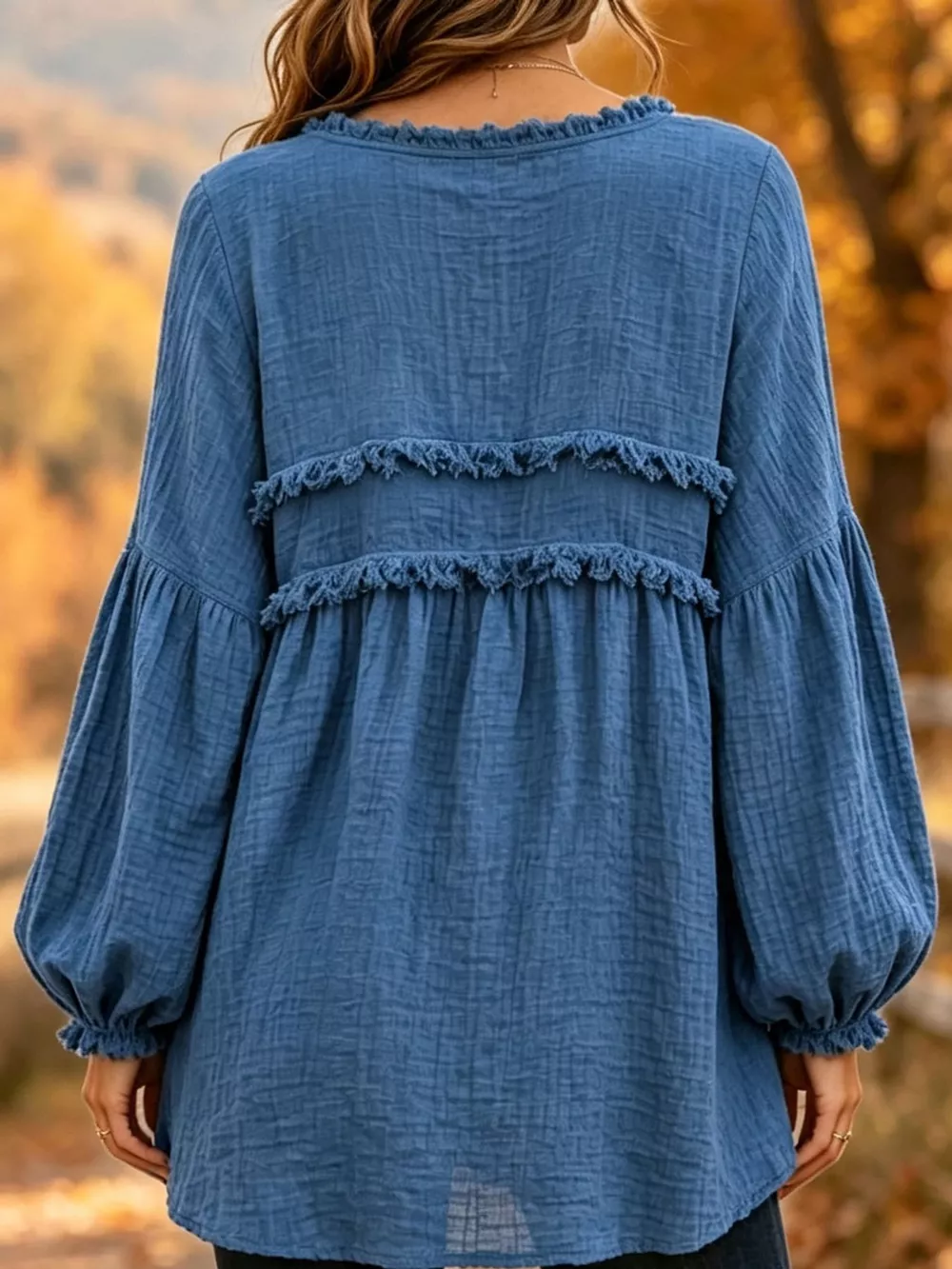Full Size Boho Chic Textured Frayed Trim Peplum Blouse Plus Size, image 12