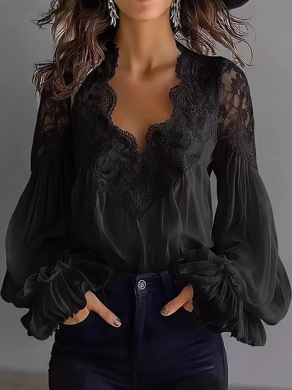 Full Size Lace V-Neck Flounce Sleeve Blouse Plus Size