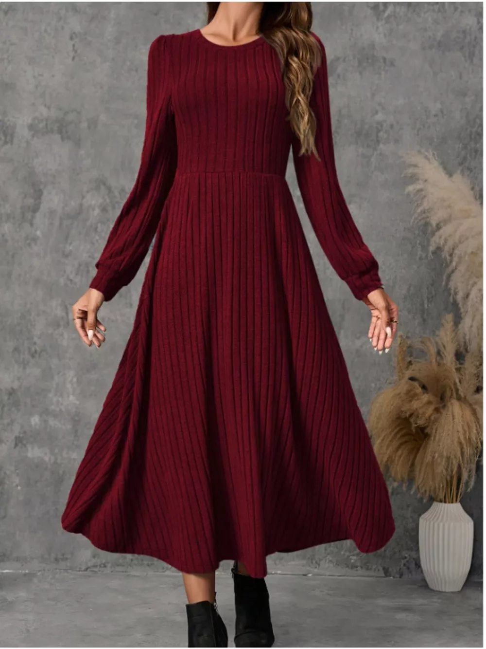 Ribbed Knit Long Sleeve A-Line Midi Dress, image 8