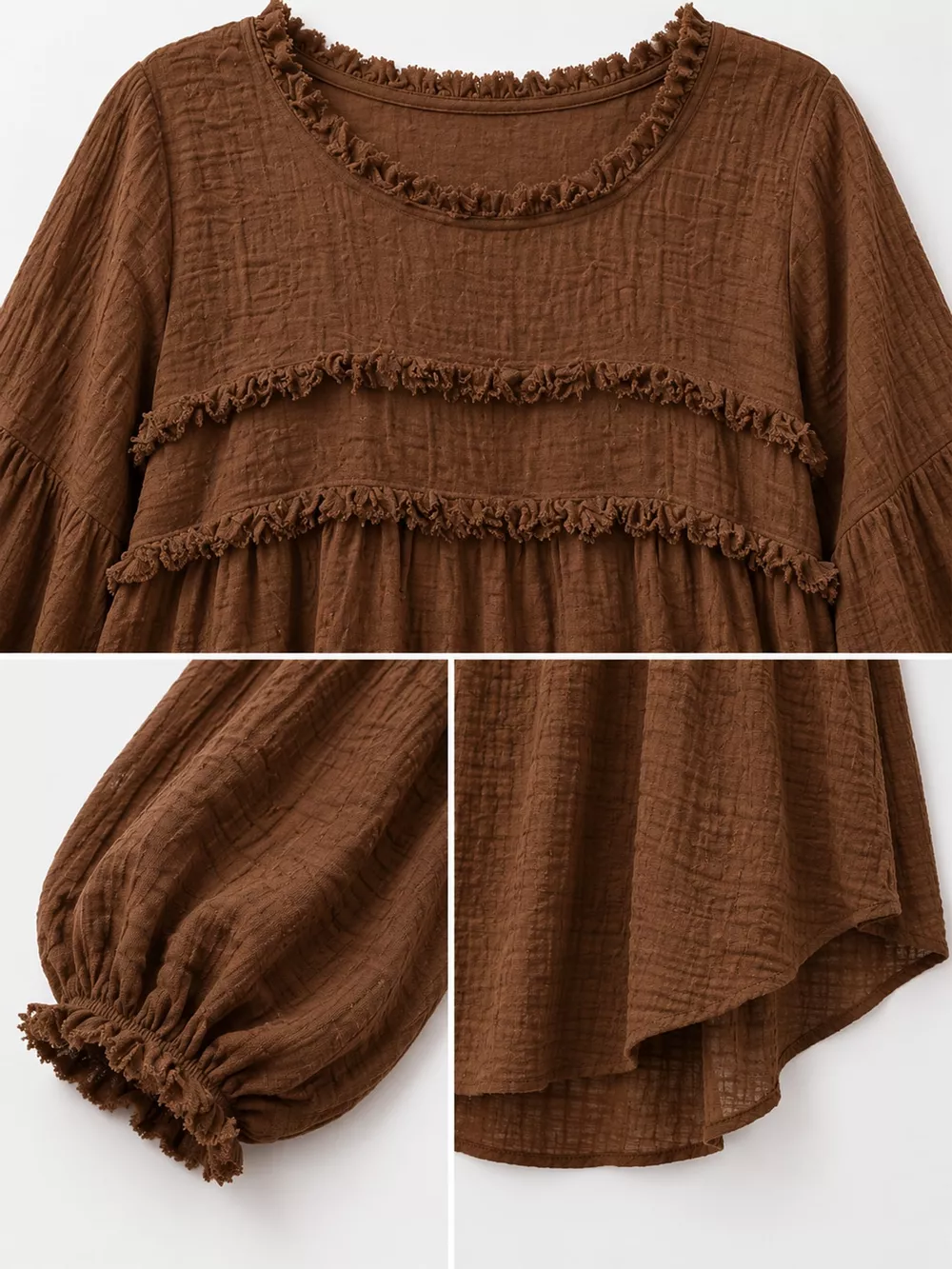 Full Size Boho Chic Textured Frayed Trim Peplum Blouse Plus Size, image 24