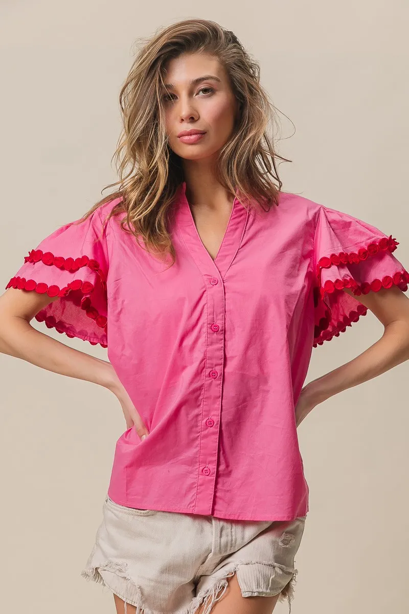 Dot Trim Flutter Sleeve Notched Top, image 18