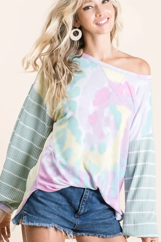 Tie Dye Terry Top with Wide Stripe Thermal Waffle, image 8