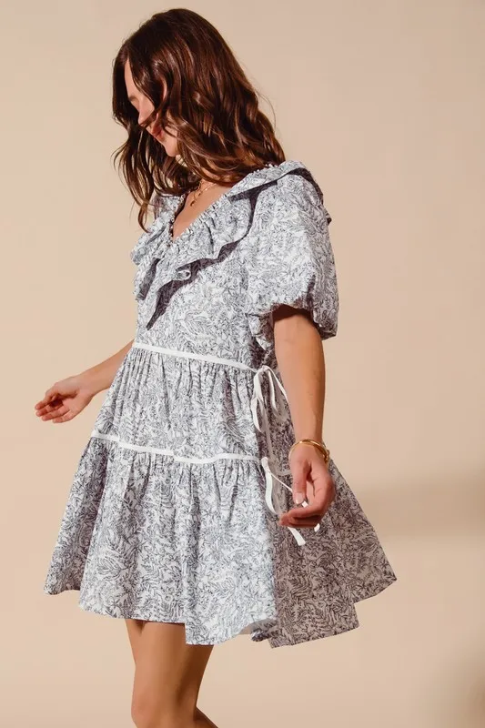 Cotton Printed Ruffle V Neckline Dress with Side Tie, image 2