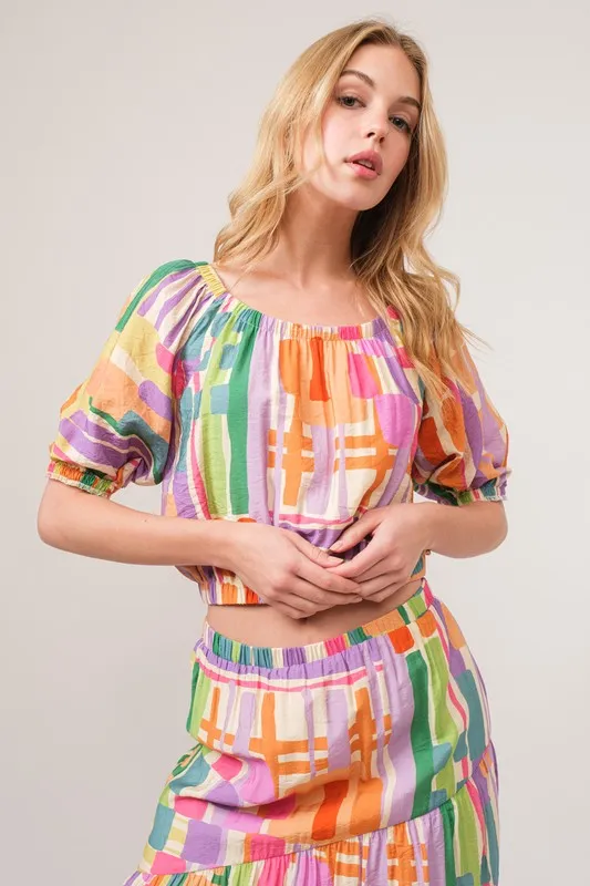Puff Sleeve Elastic Edges Geo Printed Crop Top, image 11