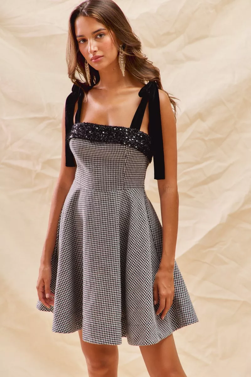 Houndstooth Fit Flare Mini Dress with Shoulder Tie, image 12