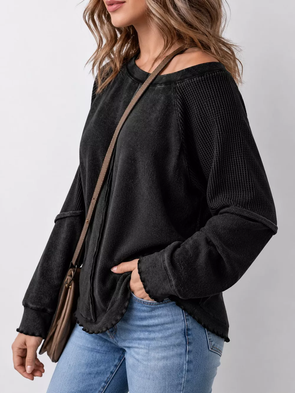 Waffle Knit Raglan Sleeve Sweatshirt, image 9