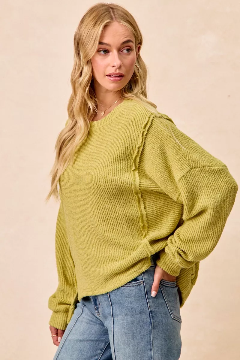 Boucle Rib Knit Uneven Hem Sweater With Open Seam, image 12