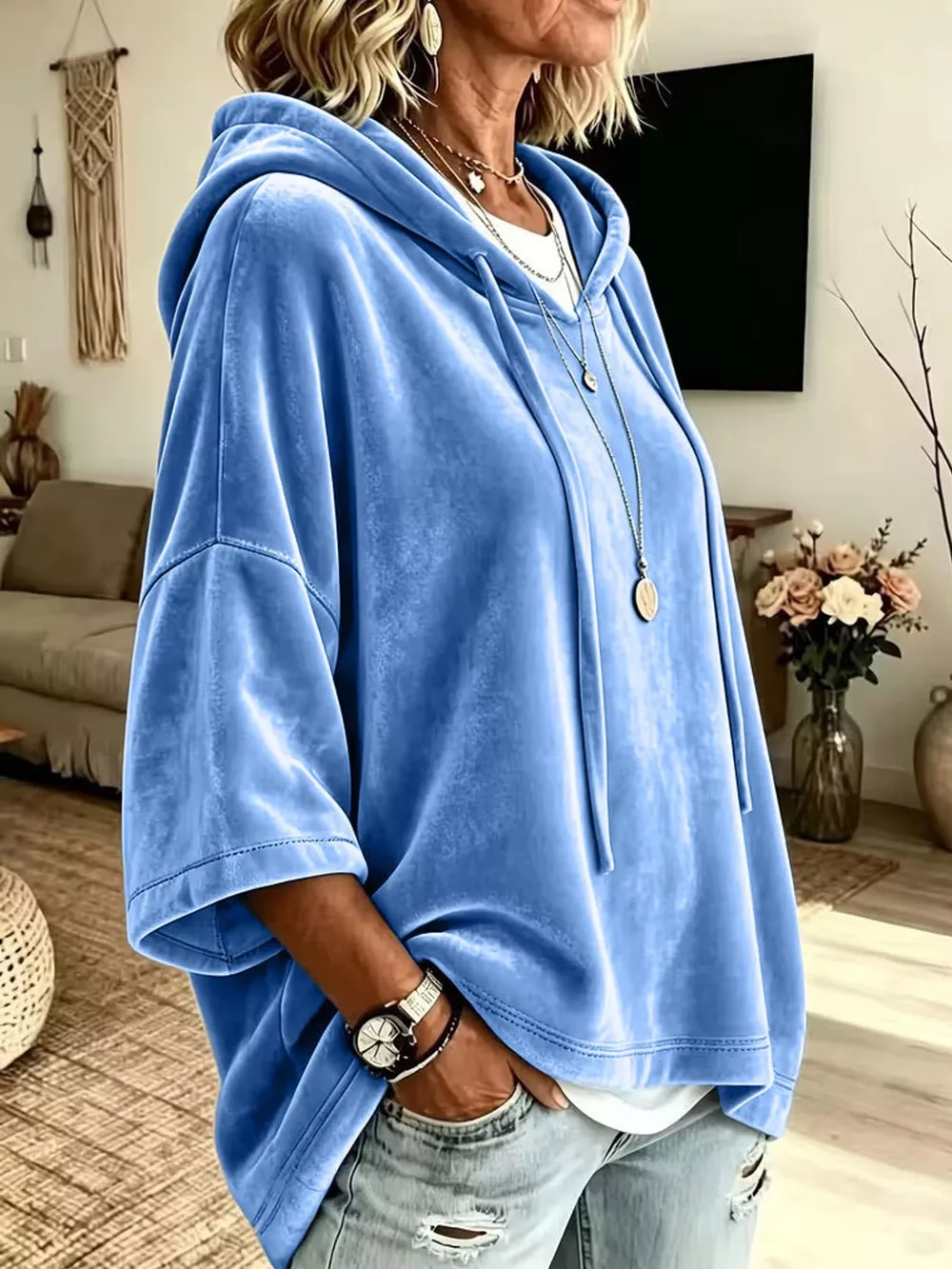 Full Size Velvet Short Sleeve Hoodie Plus Size, image 2