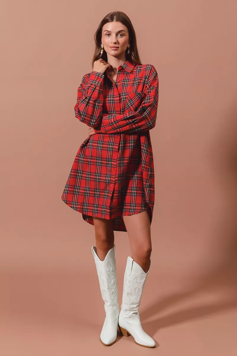 Christmas Checker Plaid Button Up Shirt Dress, image 3